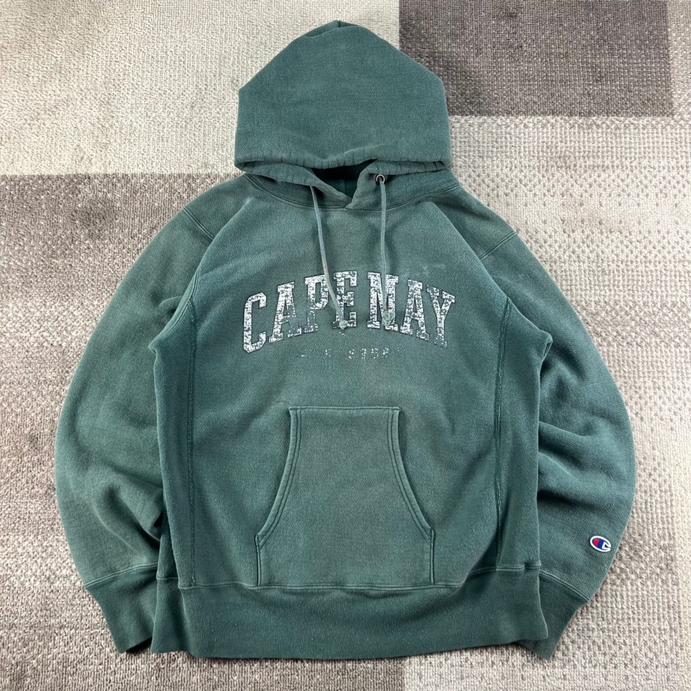 Vintage Champion Reverse Weave Cape May Hoodie Green Mens L Made in USA